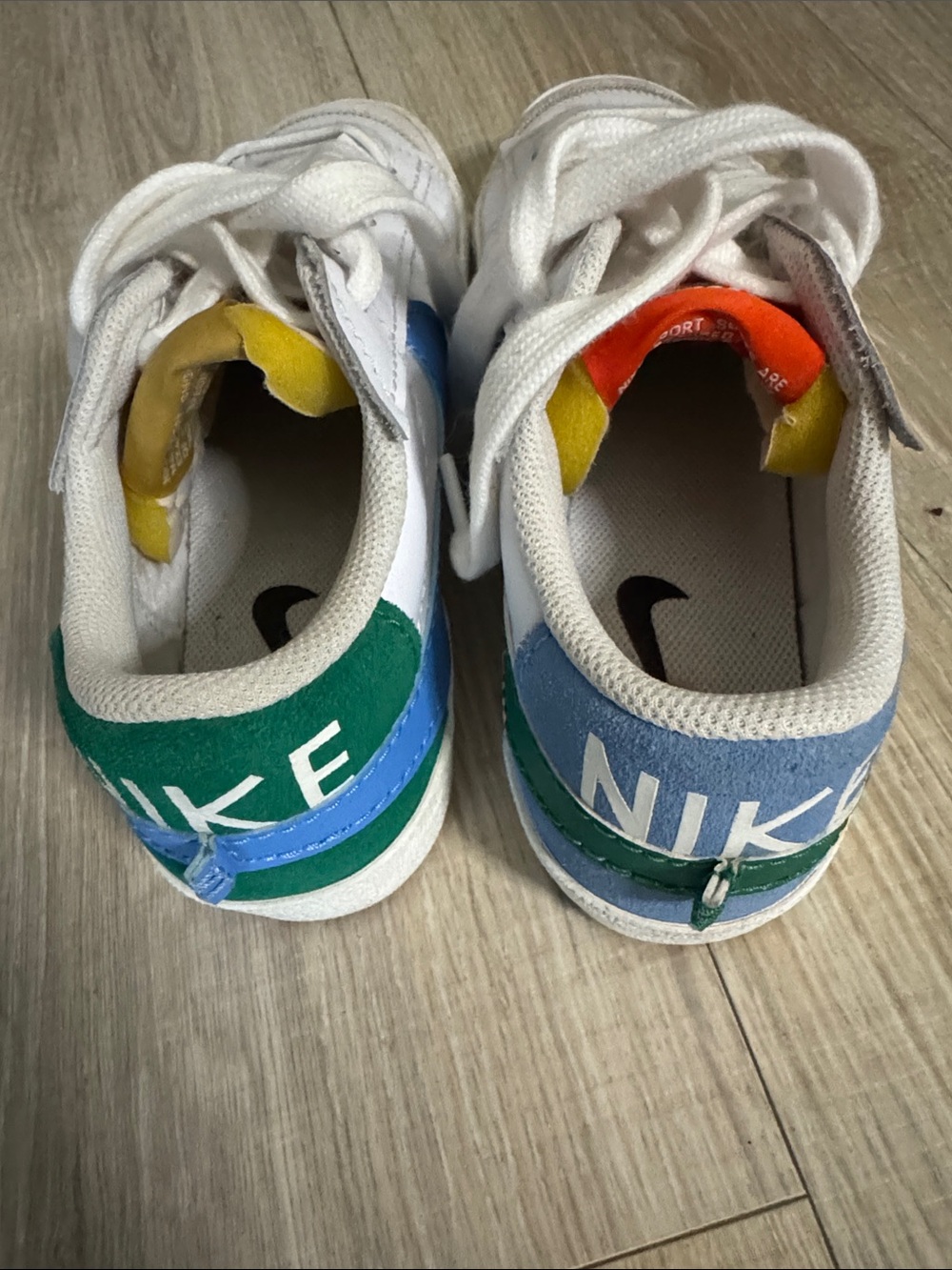 Nike White Low-Top Sneakers with Green and Blue Swooshes - Picture 3 of 5
